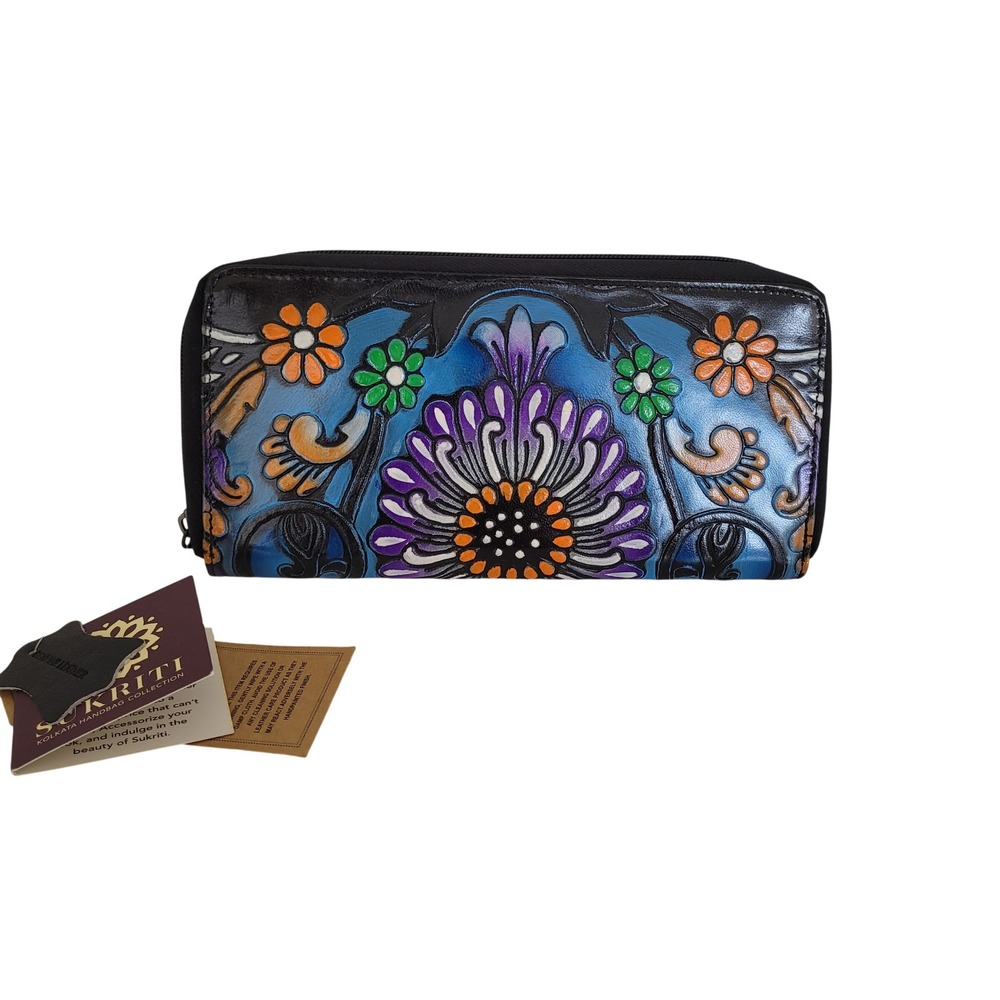 Sukriti Hand Painted Leather Zip Around Wallet Blue Floral Artisan Organizer NWT